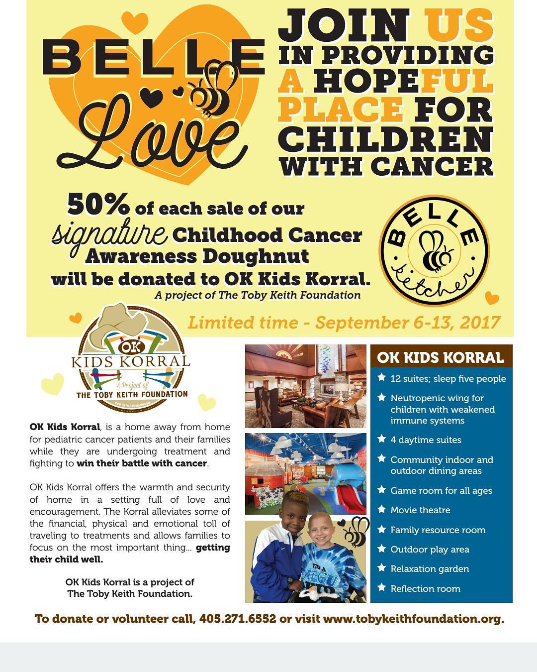 September is Childhood Cancer Awareness month and we are honored to be supporting The Toby Keith Foundation with a a signature doughnut from Sept
6th to 13th where 50% of the sale of each doughnut will go directly to the Foundation. 
For over three years, The Toby Keith Foundation has been welcoming guests to OK Kids Korral. The Korral is a place to call home during cancer treatments. 
Please consider supporting this worthy cause – to find out more visit their website at www.tobykeithfoundation.org
@bellekitchenokc @tobykeith #cancerawareness  #kids #event #doughnut #doughnuts #donut #donuts #okc #keepitlocalok