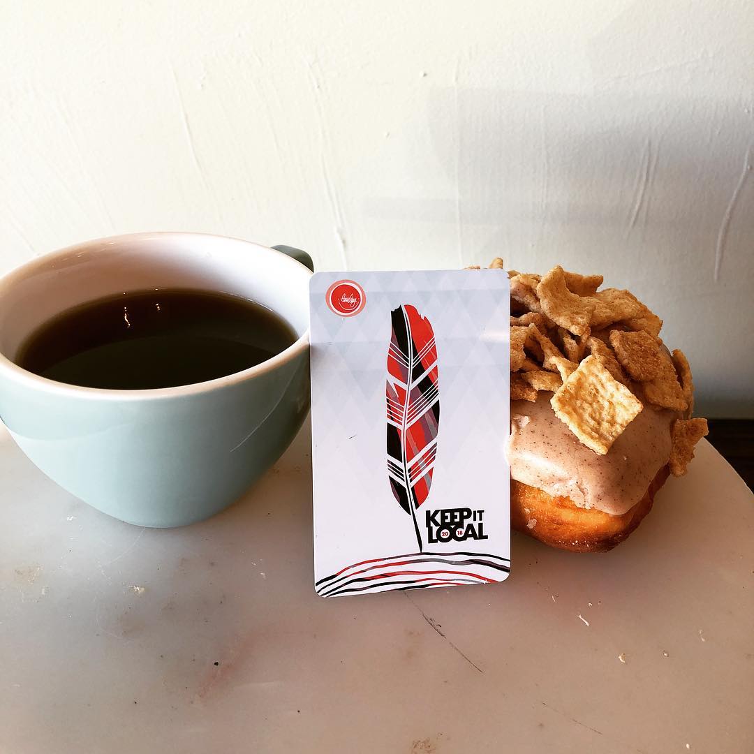 TODAY ONLY! When you buy a keep it local card, we’ll give you a doughnut and cup of coffee on us! #BlackFriday #Doughnut #Coffee #KeepItLocal #BelleKitchen #OKC